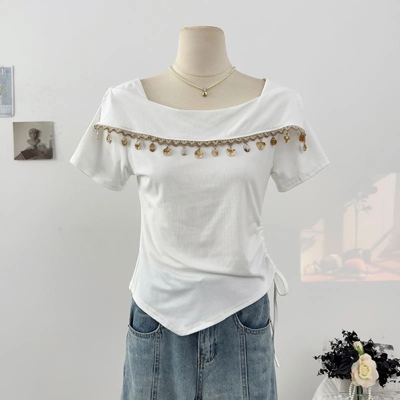 1972 一字肩抽绳短袖 86 衣长≈49cm