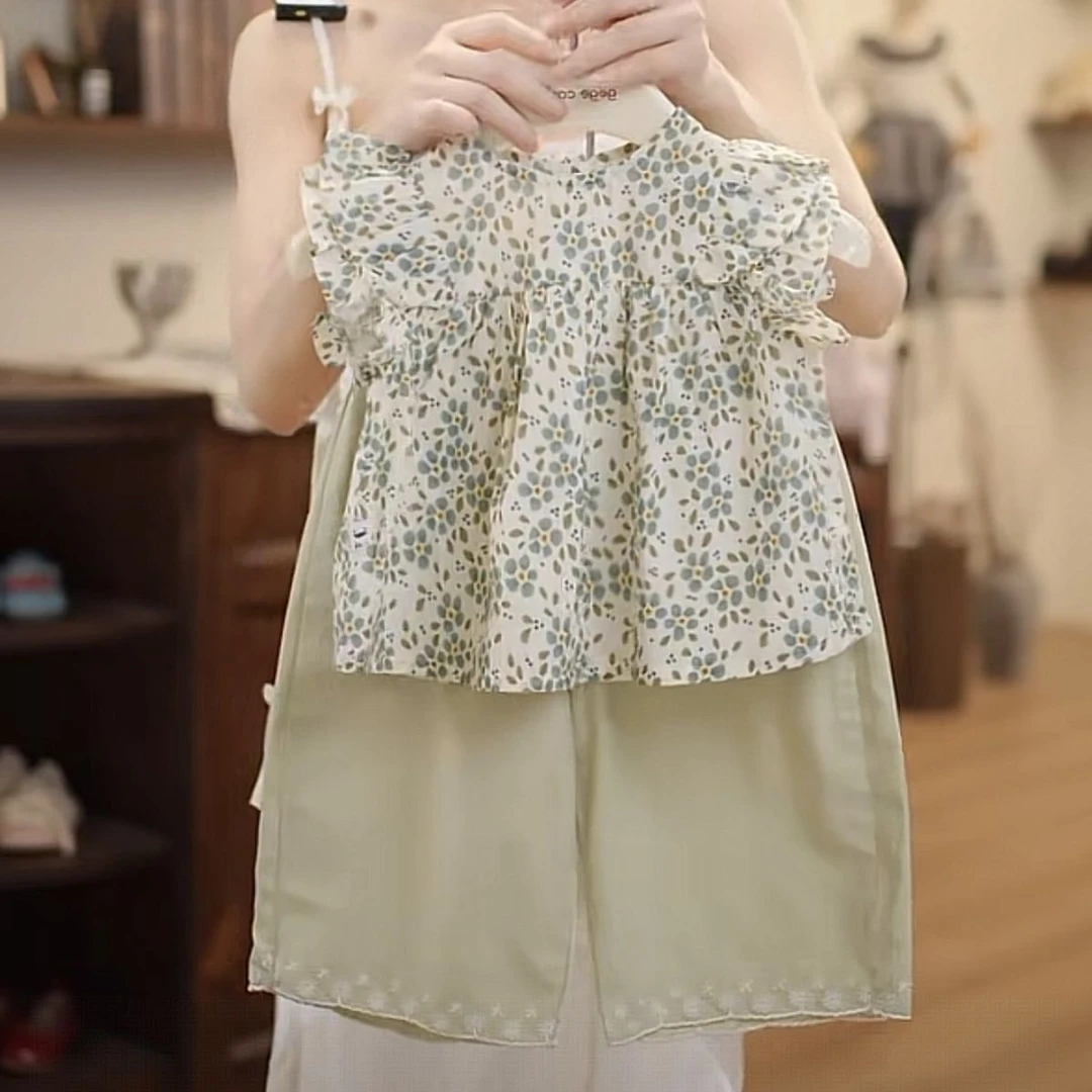 轻奢新款女童夏款洋气韩版碎花短袖九分裤中小童时髦花朵两件套潮