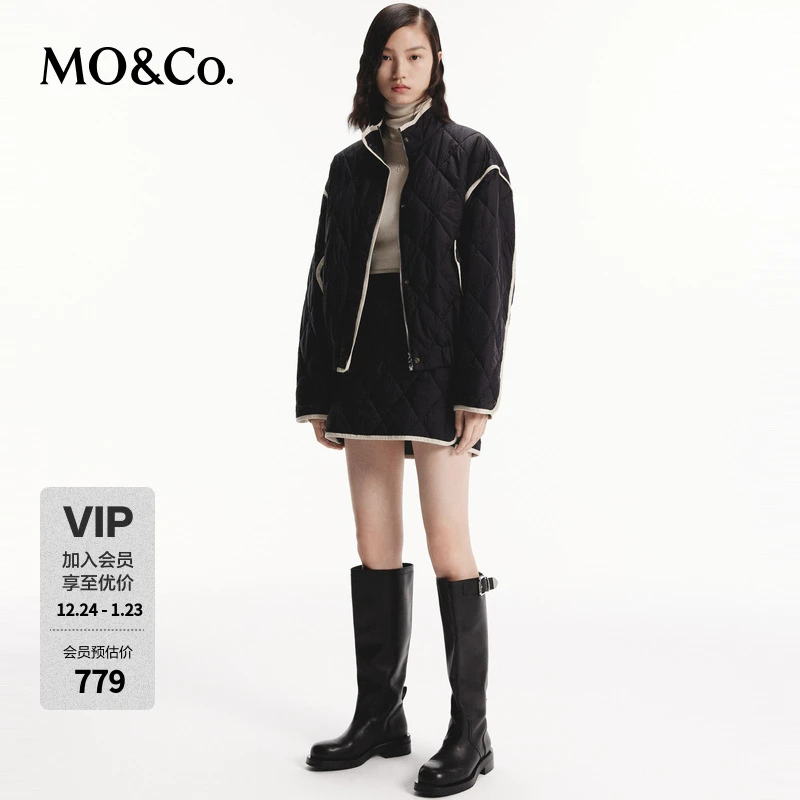 【流光风】MOCO秋菱格纹撞色边半高领夹棉外套MBD3COTT08