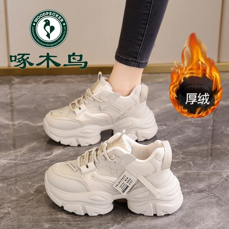 啄木鸟大牌网红时尚加绒老爹鞋女2024冬季新款软底舒适保暖棉鞋女