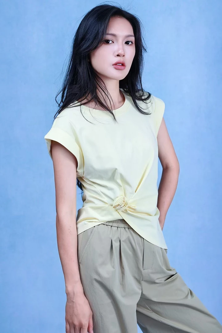 无袖透气常规款短袖抽褶纯色T恤百搭夏季流浪丹宁风