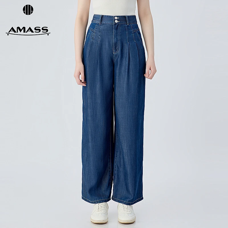 阿玛施AMASS新款时尚女装简约纯色百搭宽松牛仔直筒长裤女5100578