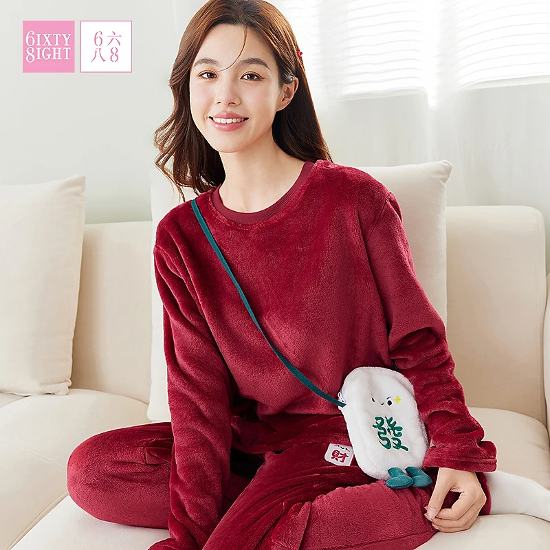 6IXTY8IGHT 68秋冬睡衣女红色本命年珊瑚绒长袖长裤家居服套装