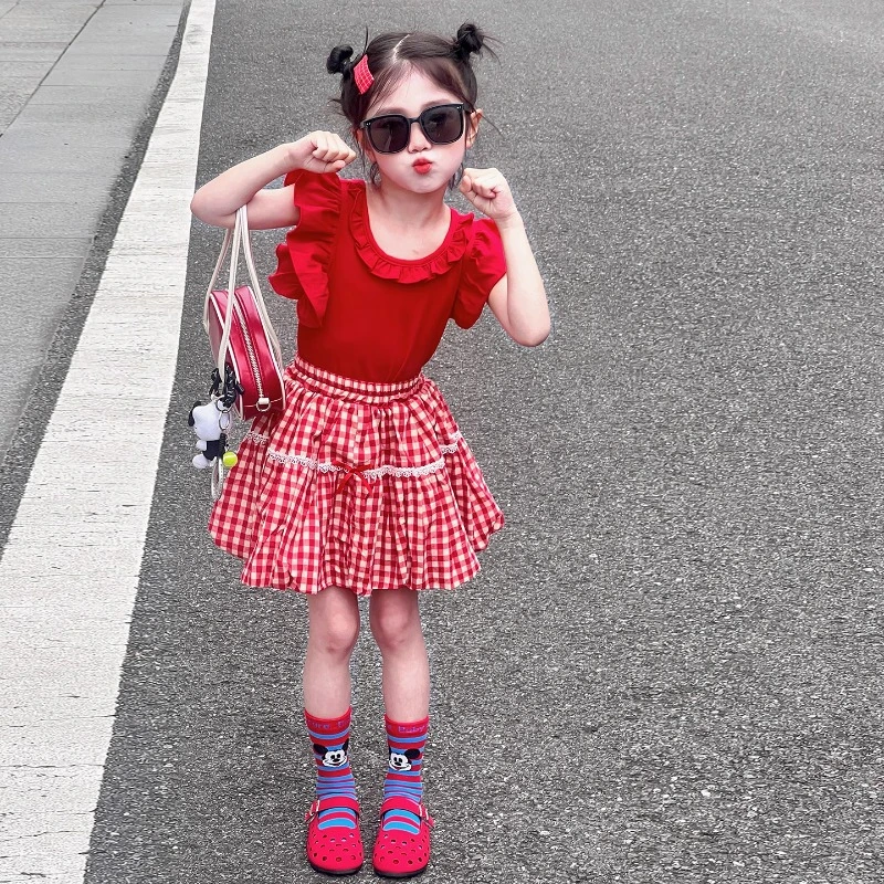女童套装夏季2025新款儿童洋气无袖背心格子花苞裙多巴胺两件套潮