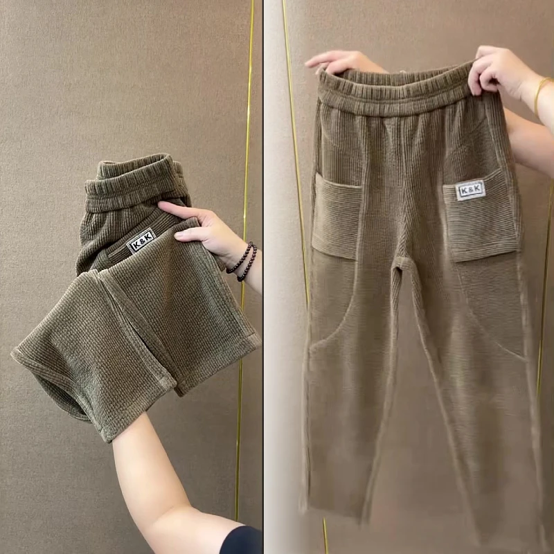 加厚不加绒秋冬新款休闲裤雪尼尔女腰宽松时尚减龄气质直筒哈伦裤