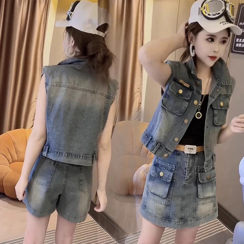 夏季牛仔马甲上衣短裤裙两件套女宽松洋派显瘦时尚牛仔套装小个子