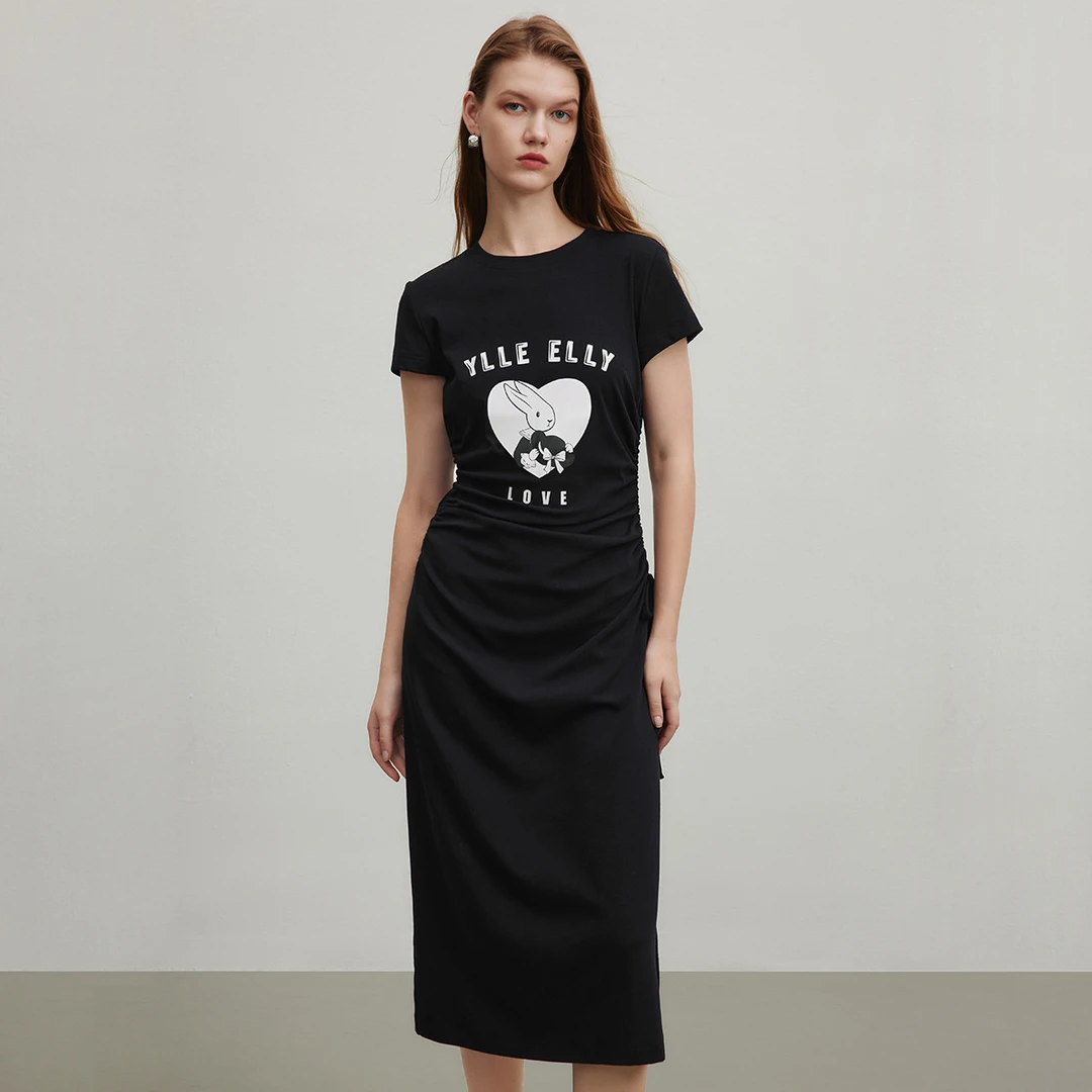 【小余专属】时尚修身连衣裙夏季优雅抽绳印花圆领短袖中长裙