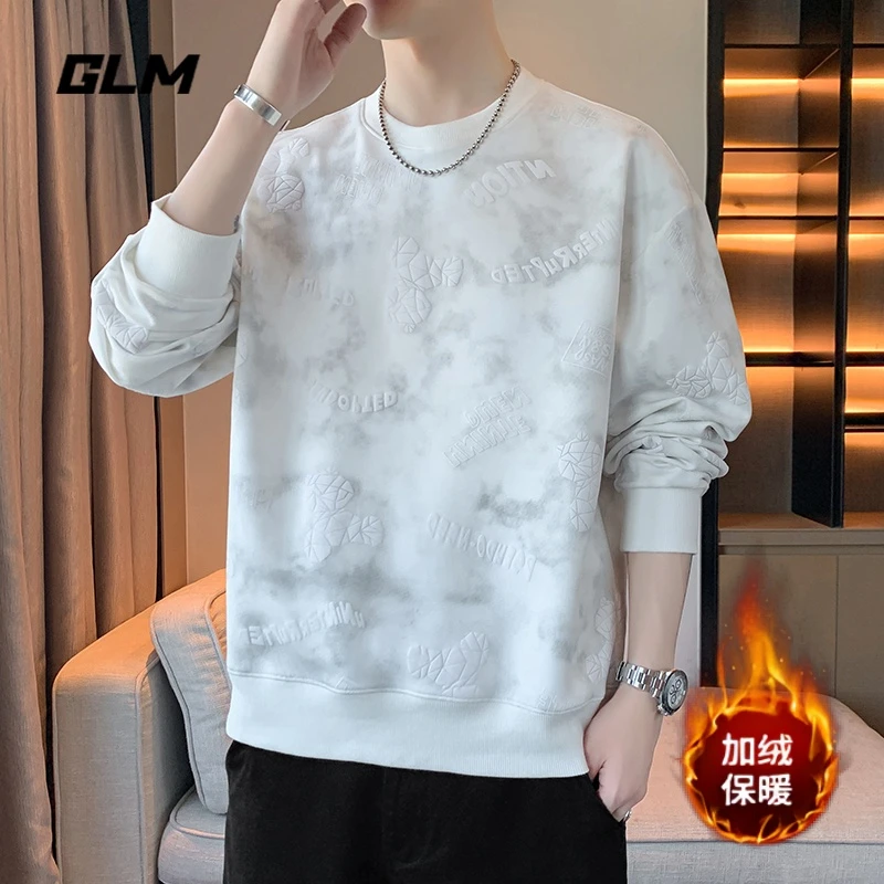 集团品牌GLM圆领卫衣男士秋冬季加绒加厚潮流男生宽松长袖上衣服