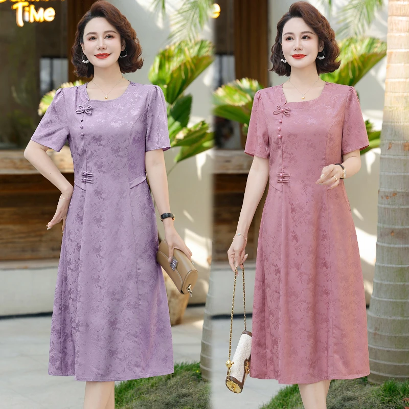 夏季新款中老年妈妈缎面国风新中式中长款连衣裙优雅减龄短袖裙
