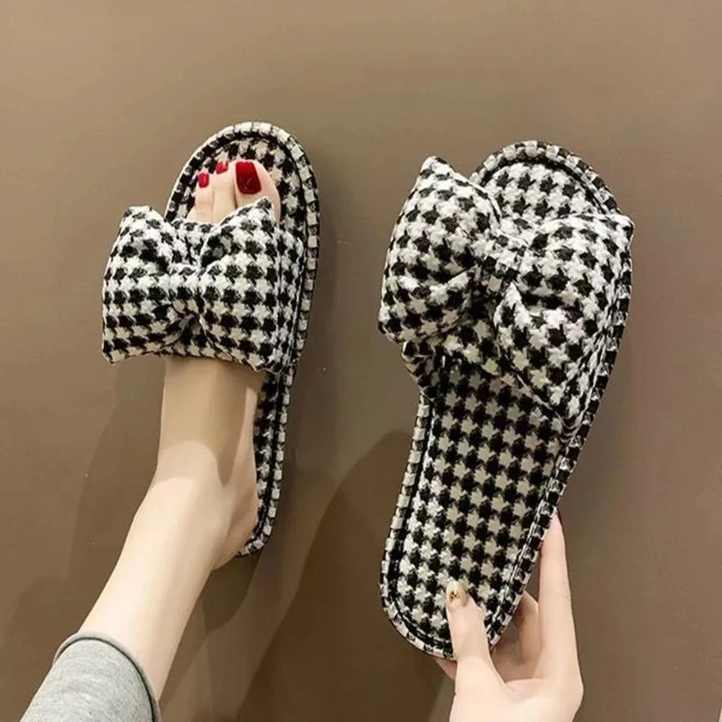 春款蝴蝶结平底好看拖鞋女显瘦外穿干湿两用便携超轻薄千鸟格拖鞋