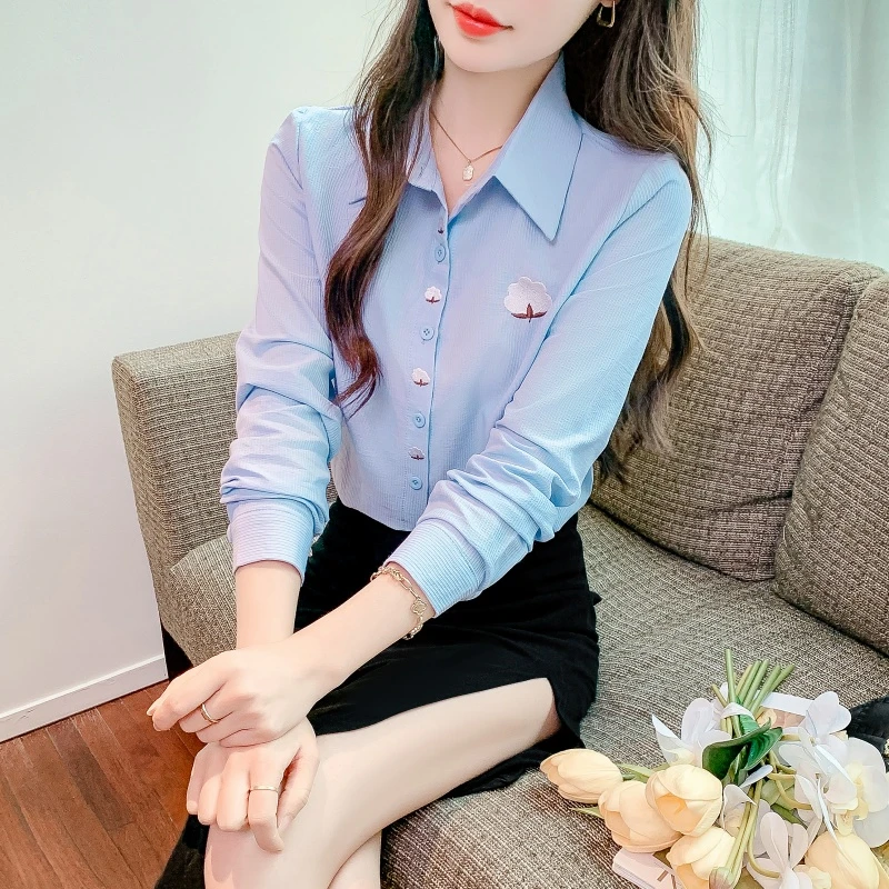 春秋2025年新款纯棉衬衫女洋气全棉刺绣女士衬衣气质百搭减龄上衣