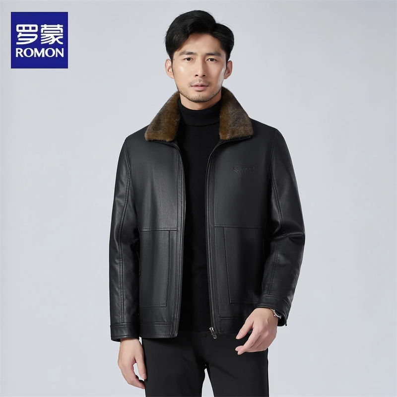 Romon/罗蒙男士皮衣可脱卸内胆可脱卸领冬季新款加绒加厚男装皮衣
