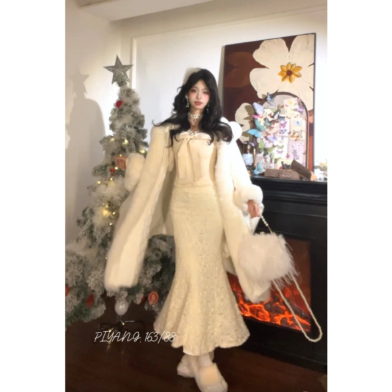 【no退no换】杏子茶花蝴蝶结长袖纯欲风泡泡袖修身上衣包臀鱼尾裙