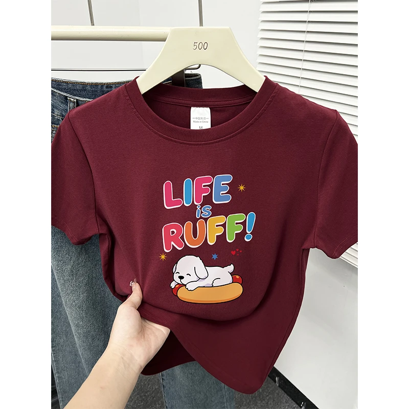 大码胖mm正肩圆领短袖t恤女装夏季时尚洋气减龄小狗印花显瘦上衣