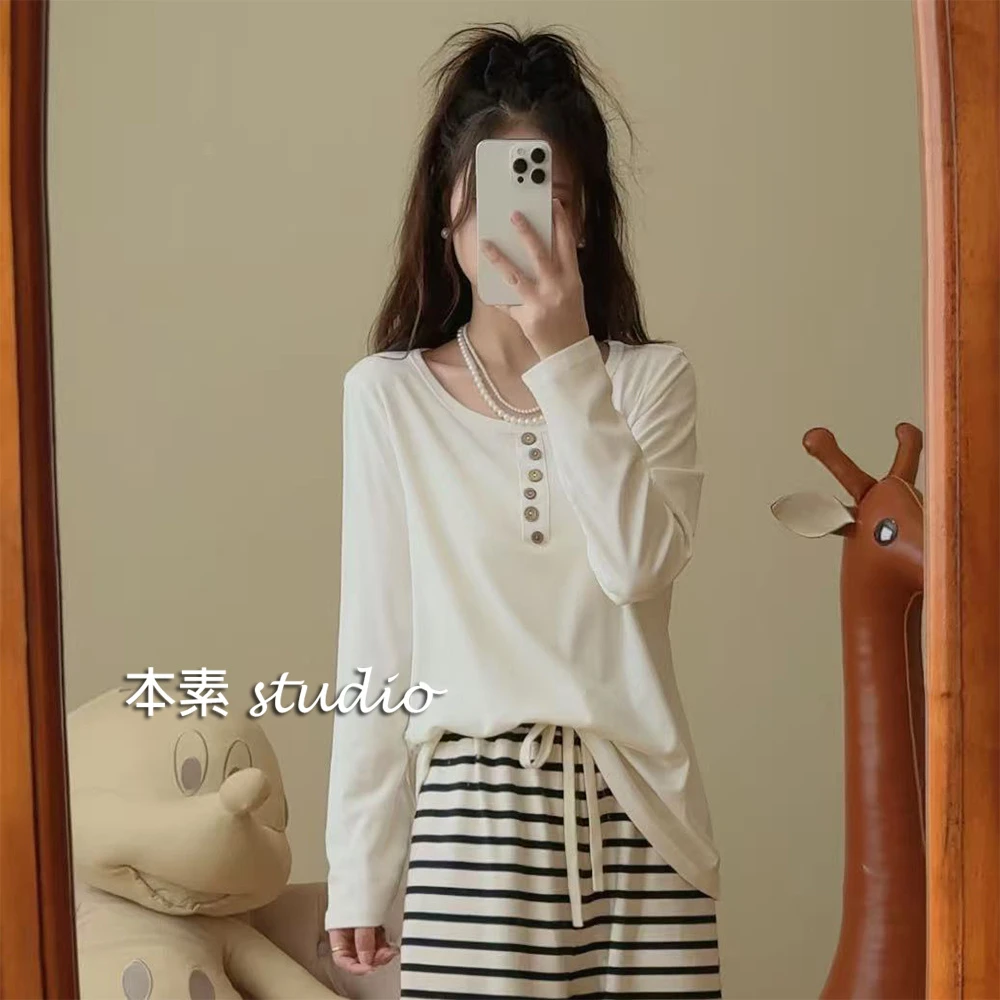 纽扣T C4731纽扣圆领长袖T恤