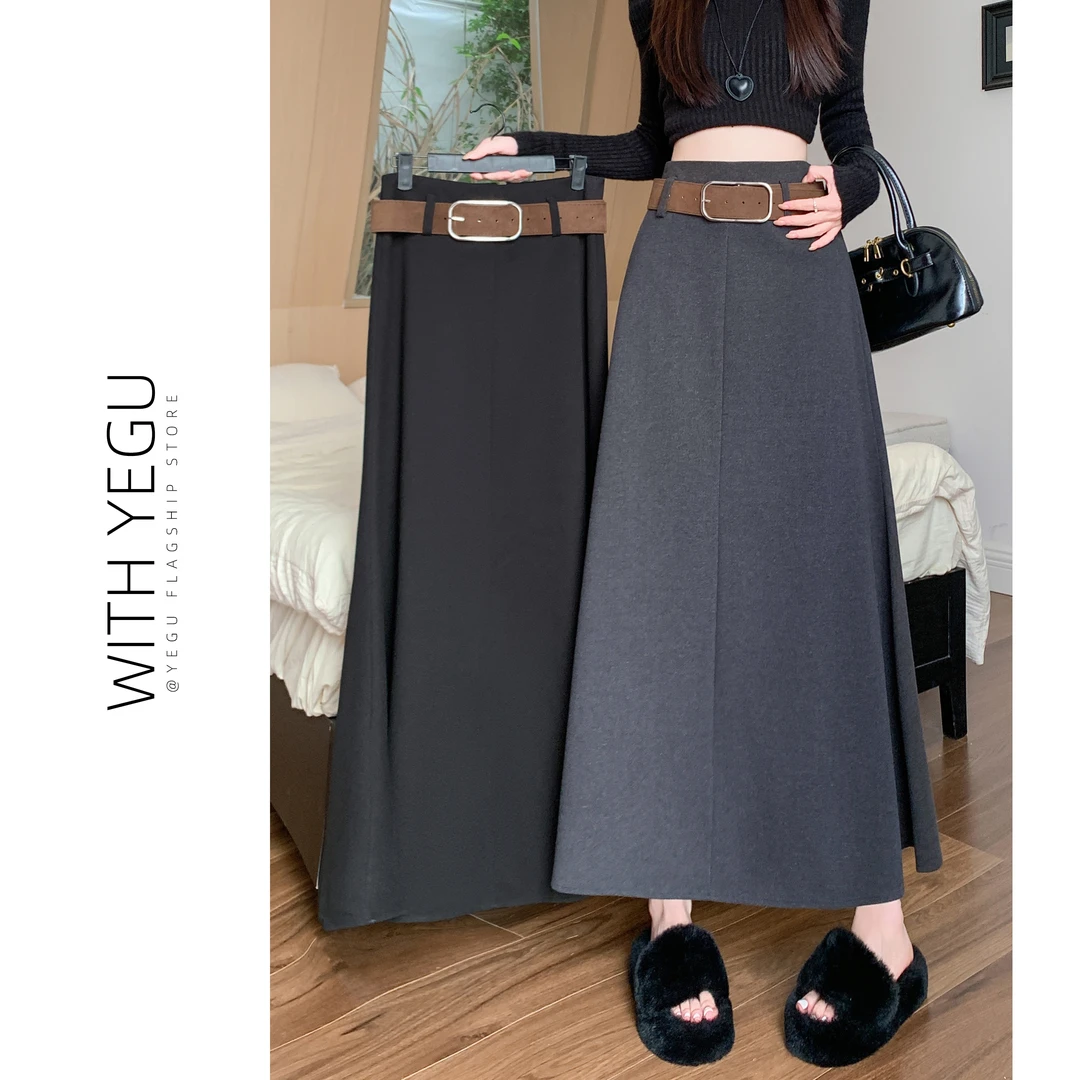 复古灰色毛呢半身裙女秋冬季高腰显瘦垂感a字中长裙宽松大摆伞裙