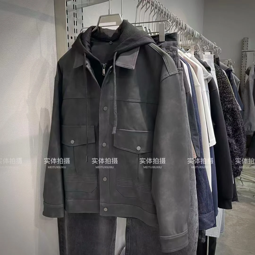 2025秋季新款男士潮流复古舒适可拆卸翻领皮衣外套休闲宽松夹克