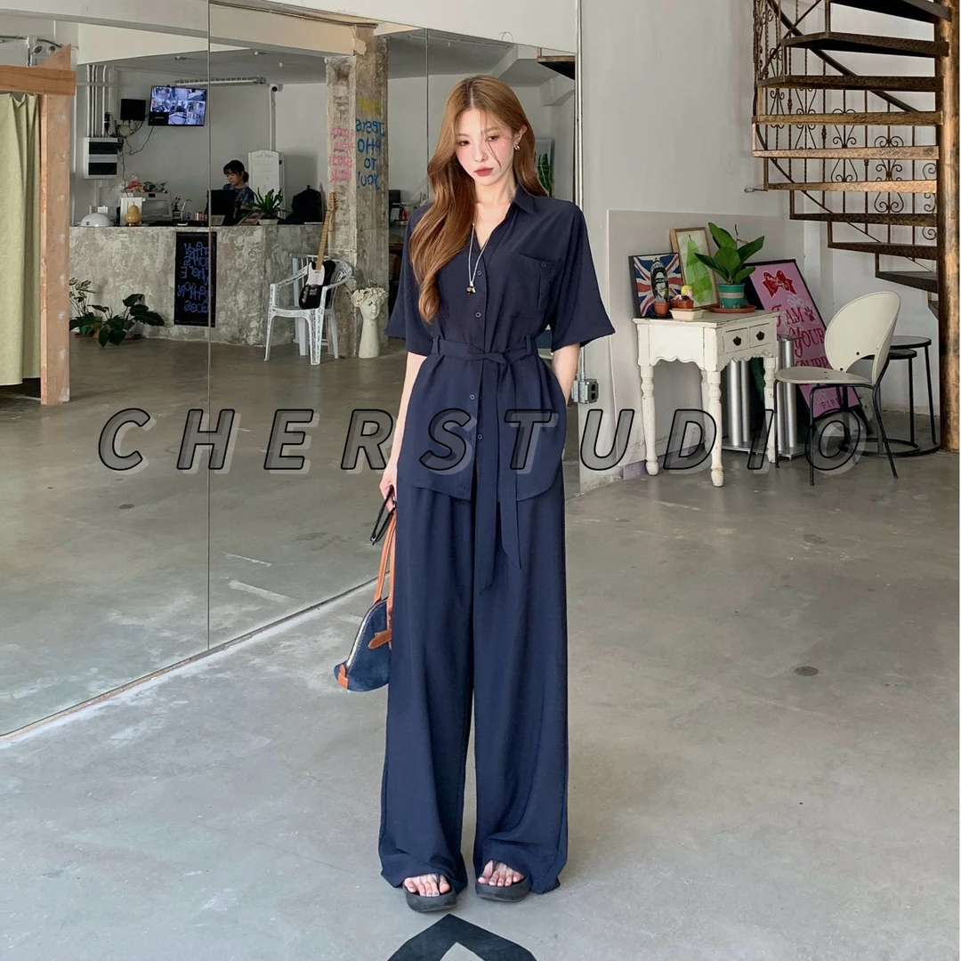 休闲气质老钱风休闲套装女宽松显瘦短袖衬衫休闲阔腿裤两件套830