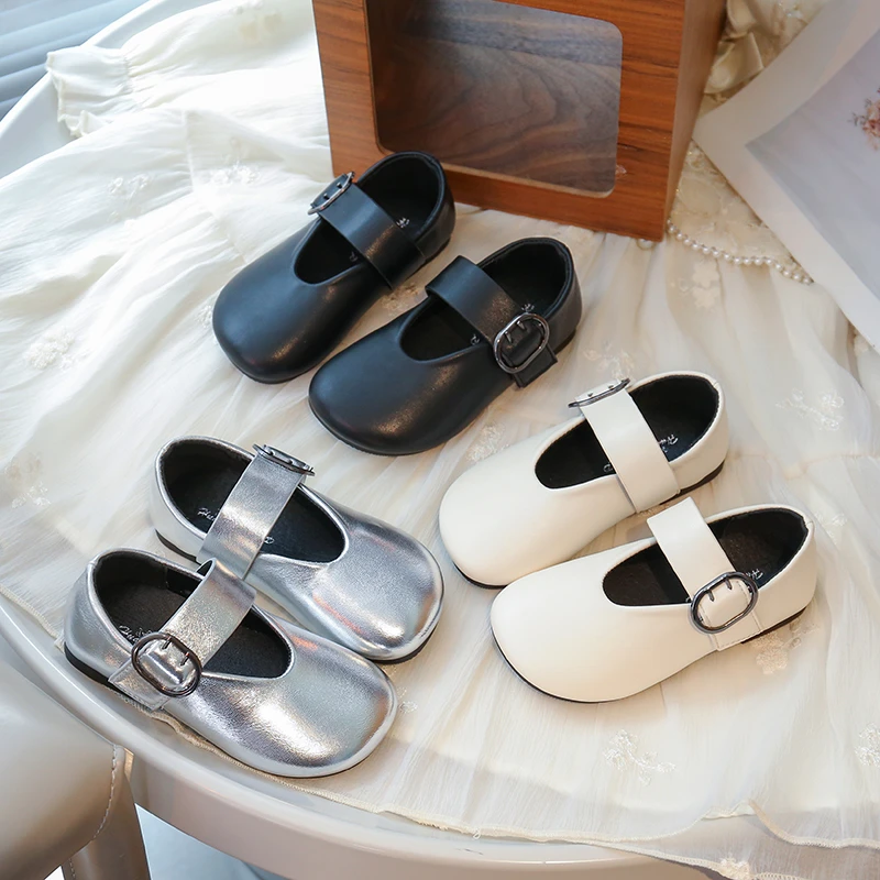 韩版儿童圆头小皮鞋春秋新款女童银色公主鞋女孩子浅口单鞋豆豆鞋