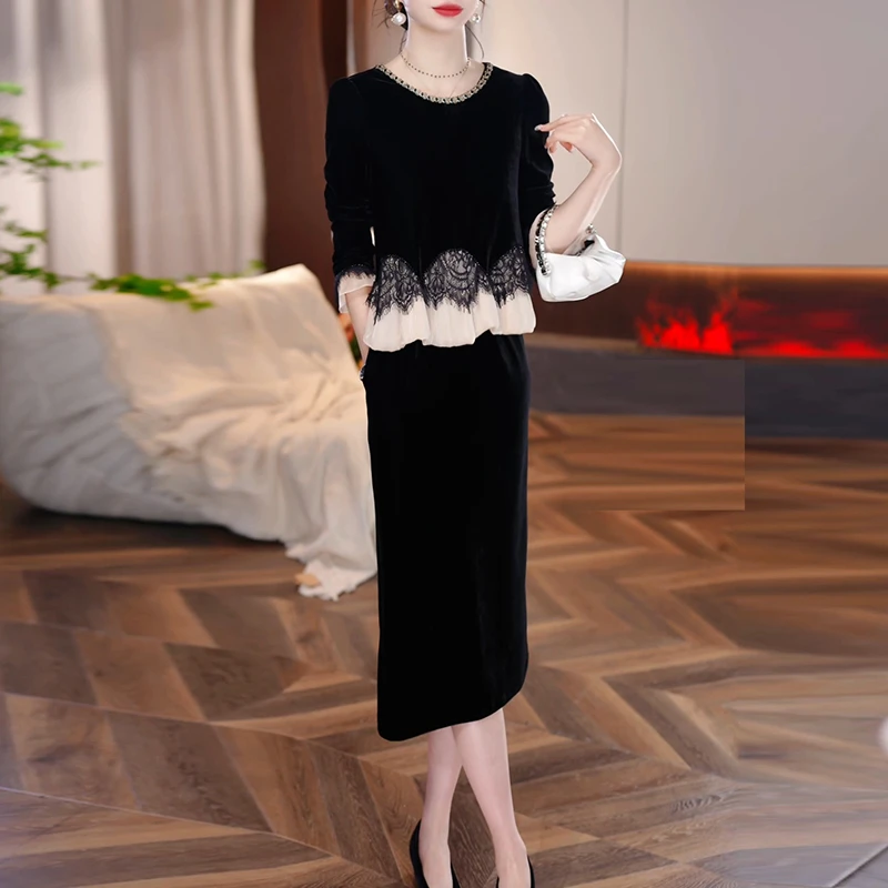 连衣裙2025新款女春秋今年流行爆款轻奢高级感假两件黑色长袖丝绒