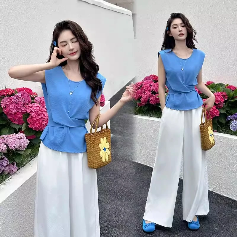 拉夏贝尔时尚套装女夏季新款时尚洋气质休闲职业减龄阔腿裤两件套