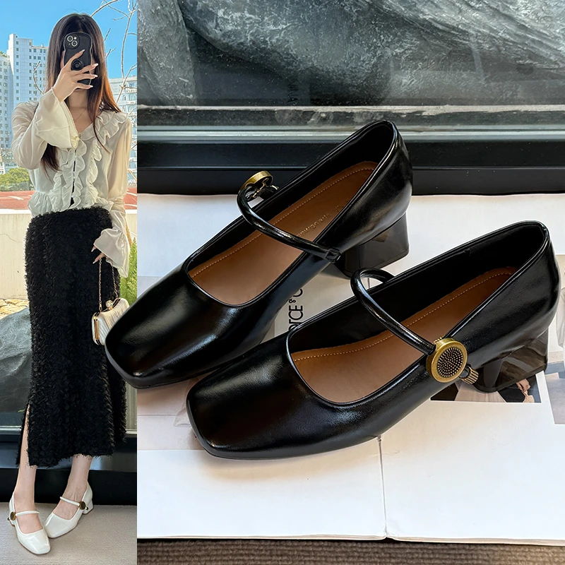 粗跟气质单鞋2025新款时尚百搭玛丽珍方头一字带小皮鞋