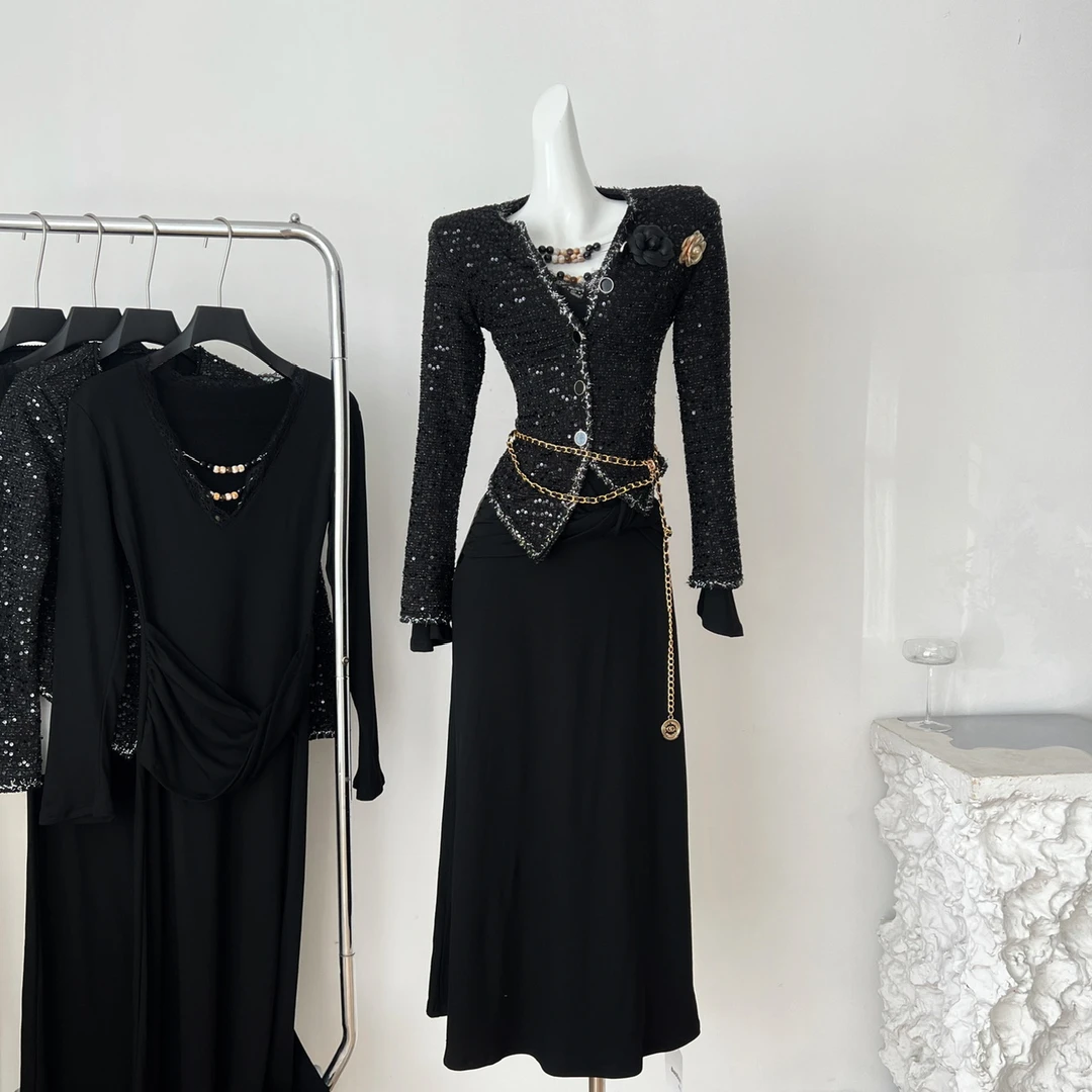 chic高级感套装千金小香风修身外套女装秋季长袖连衣裙长裙两件套