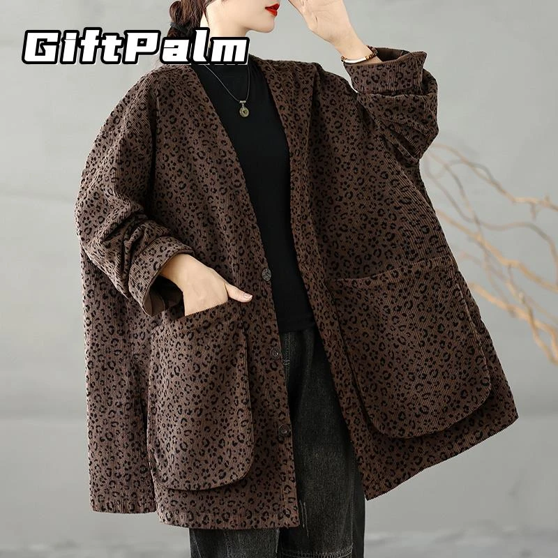 GiftPalm覆古洋气豹纹印花灯芯绒外套秋季大码宽松V领蝙蝠袖开衫
