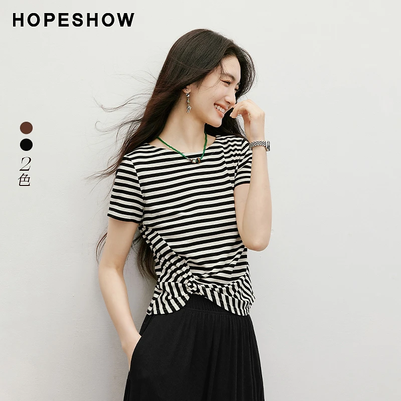 红袖2025夏新款女装 肌理感立体扭结圆领修身套头T恤90125170203