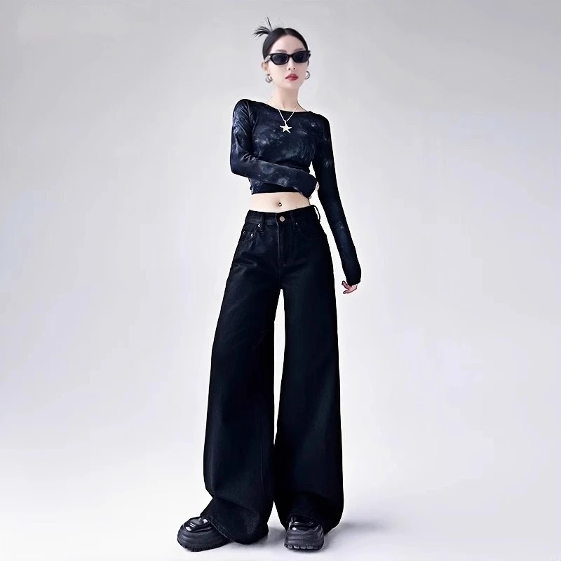 黑色阔腿牛仔裤女高腰宽松显瘦2025新款秋冬高个子加长直筒拖地裤