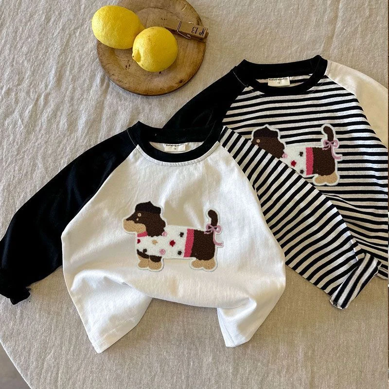 纯棉长袖T恤毛巾绣新款洋气儿童宝宝打底衫男女童春秋季卡通上衣