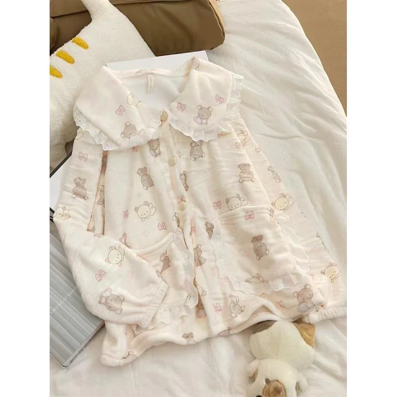 轻松熊法兰绒加厚冬款长袖长裤睡衣家居服套装