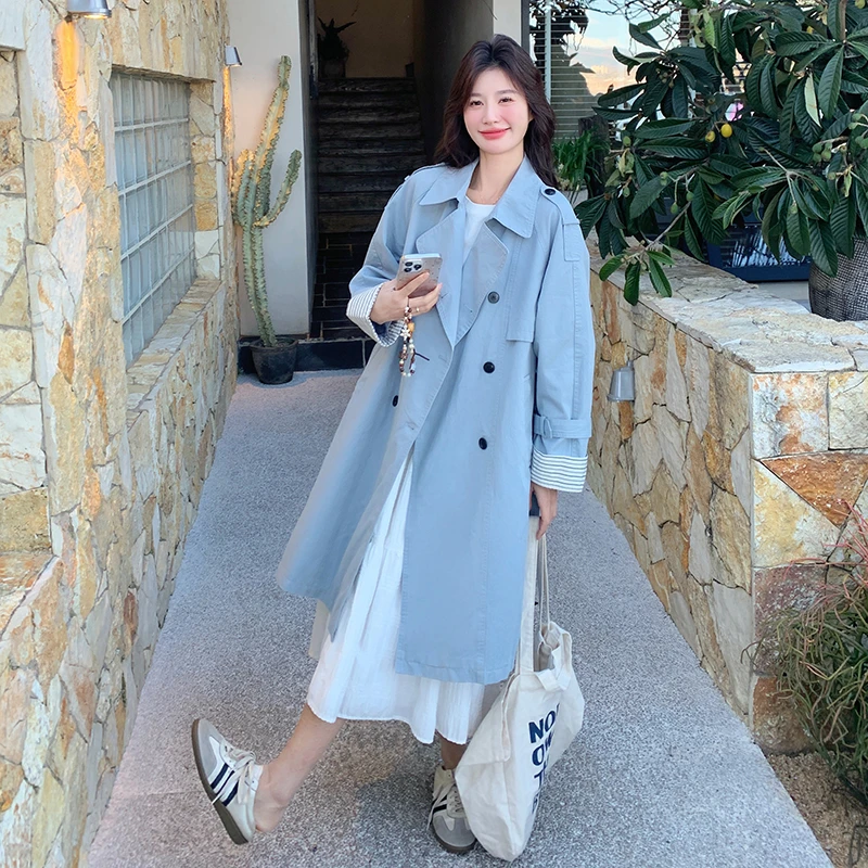 蓝色英伦风气质中长款风衣宽松大衣洋气春秋季收腰显瘦小个子外套