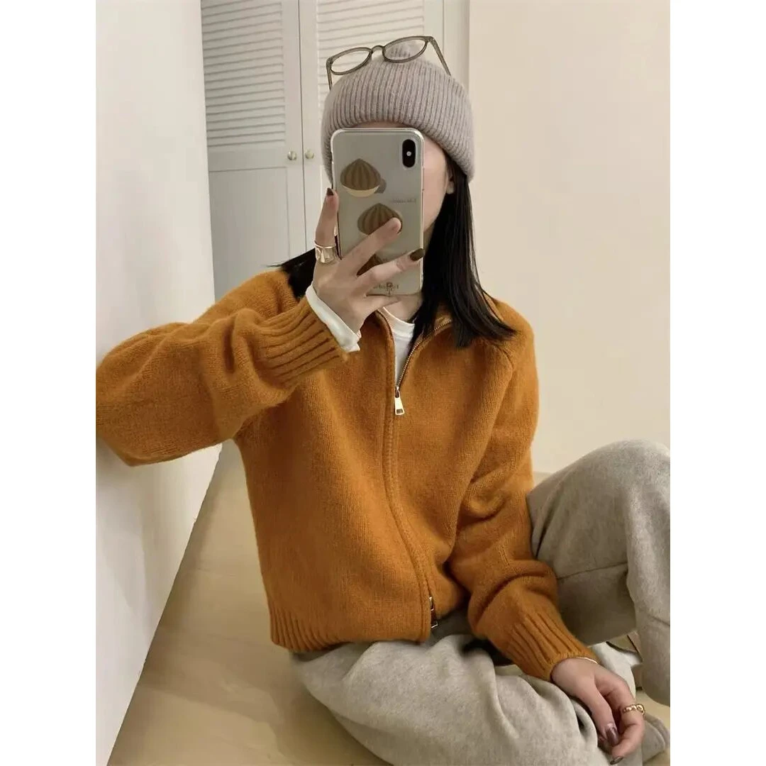 慵懒风毛衣外套女秋冬季新款简约宽松立领双拉链毛针织开衫上衣女