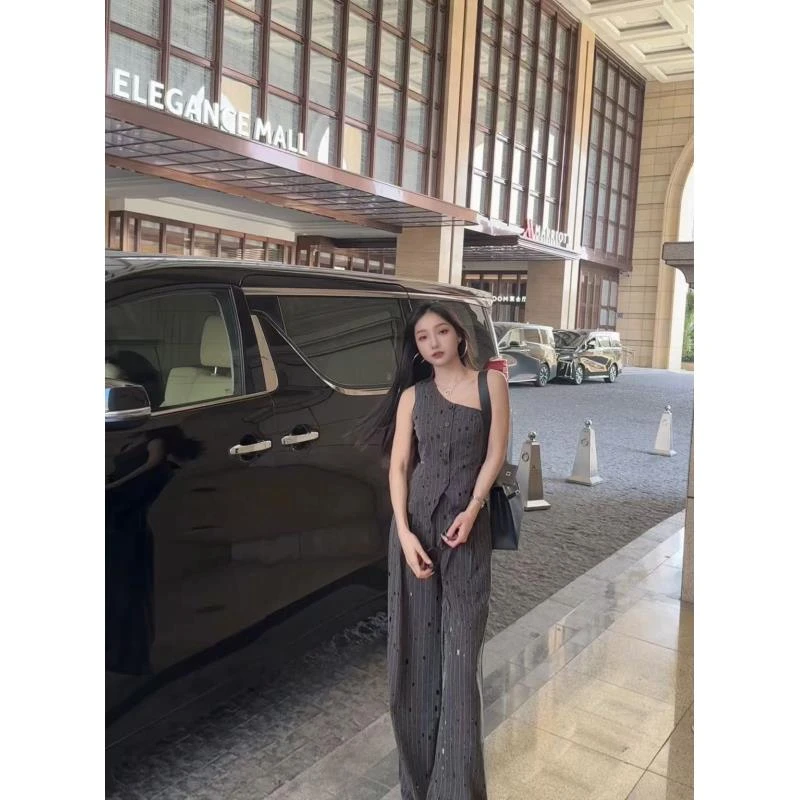 Molly定制【英伦风尚】极简休闲时尚吊带夏季无袖复古阔腿套装8299