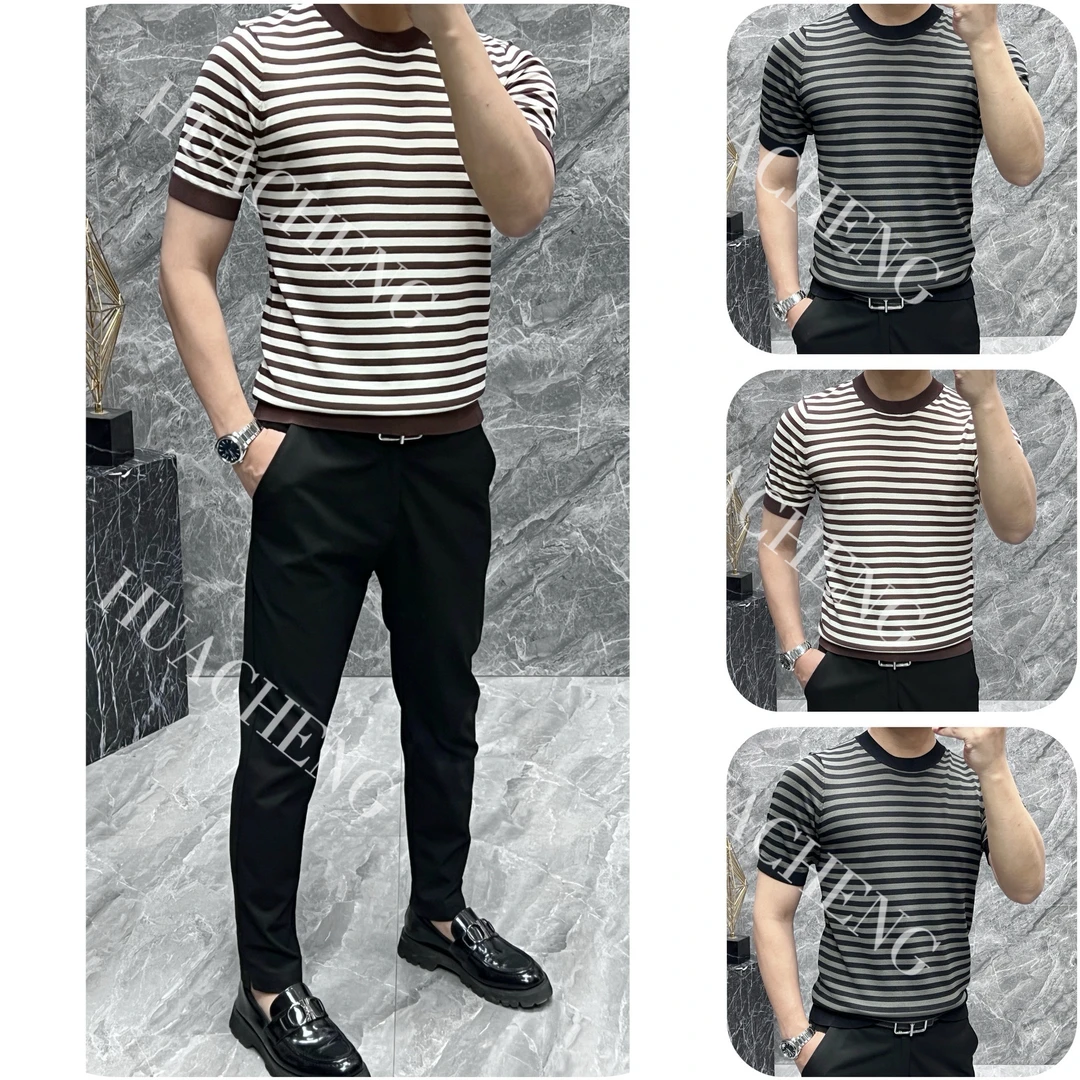 【HUACHENG】新款伊力特时尚男士2025款帅气圆领休闲条纹短袖6612