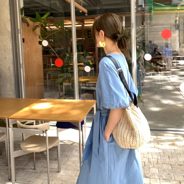 THESE DAY/2025夏季蓝色棉麻复古连衣裙