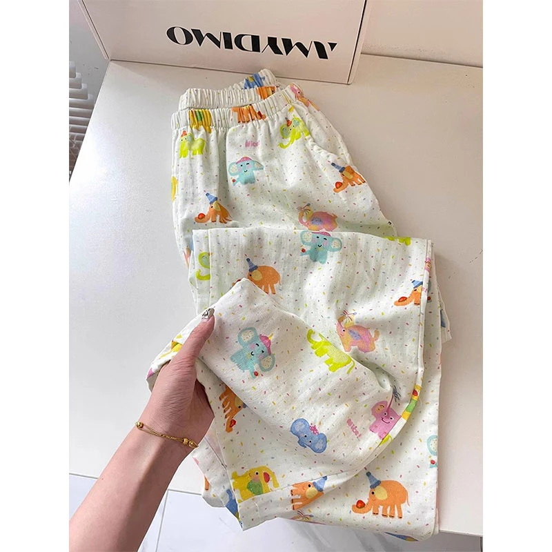 可爱彩色小象印花宽松甜美睡裤女夏季新款舒适百搭休闲居家长裤子