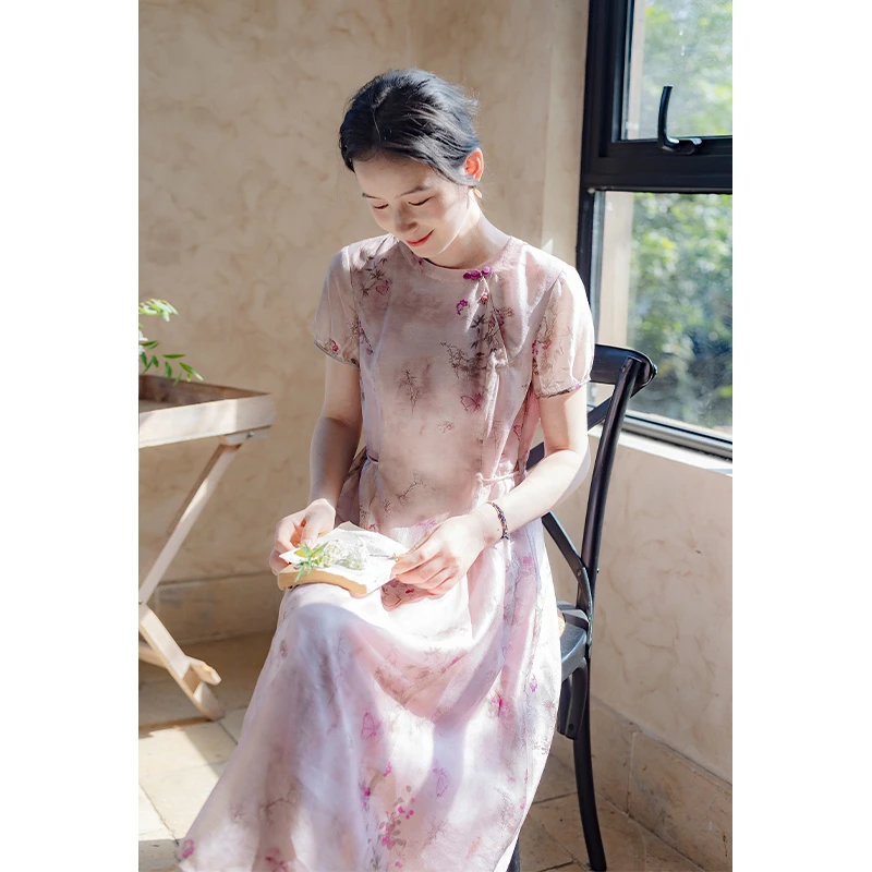 红念新中式紫色印花天丝连衣裙女夏季2025高级感禅意优雅气质裙子