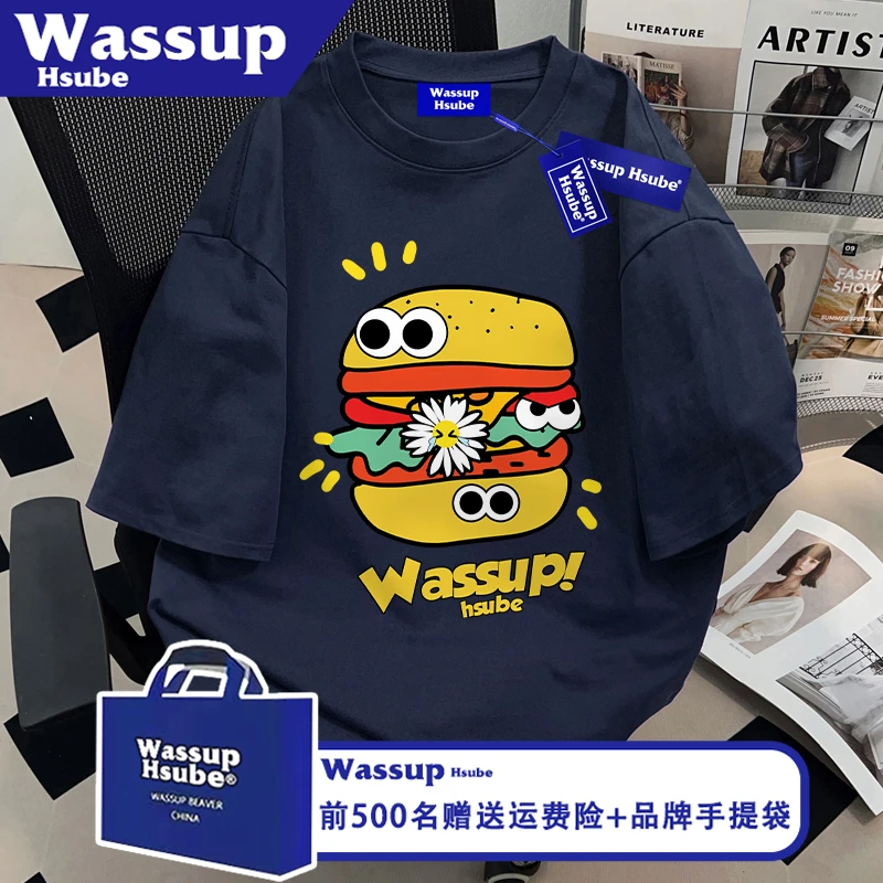 WASSUP HSUBE藏青纯棉T恤夏季男女高街风半袖ins卡通汉堡印花短袖