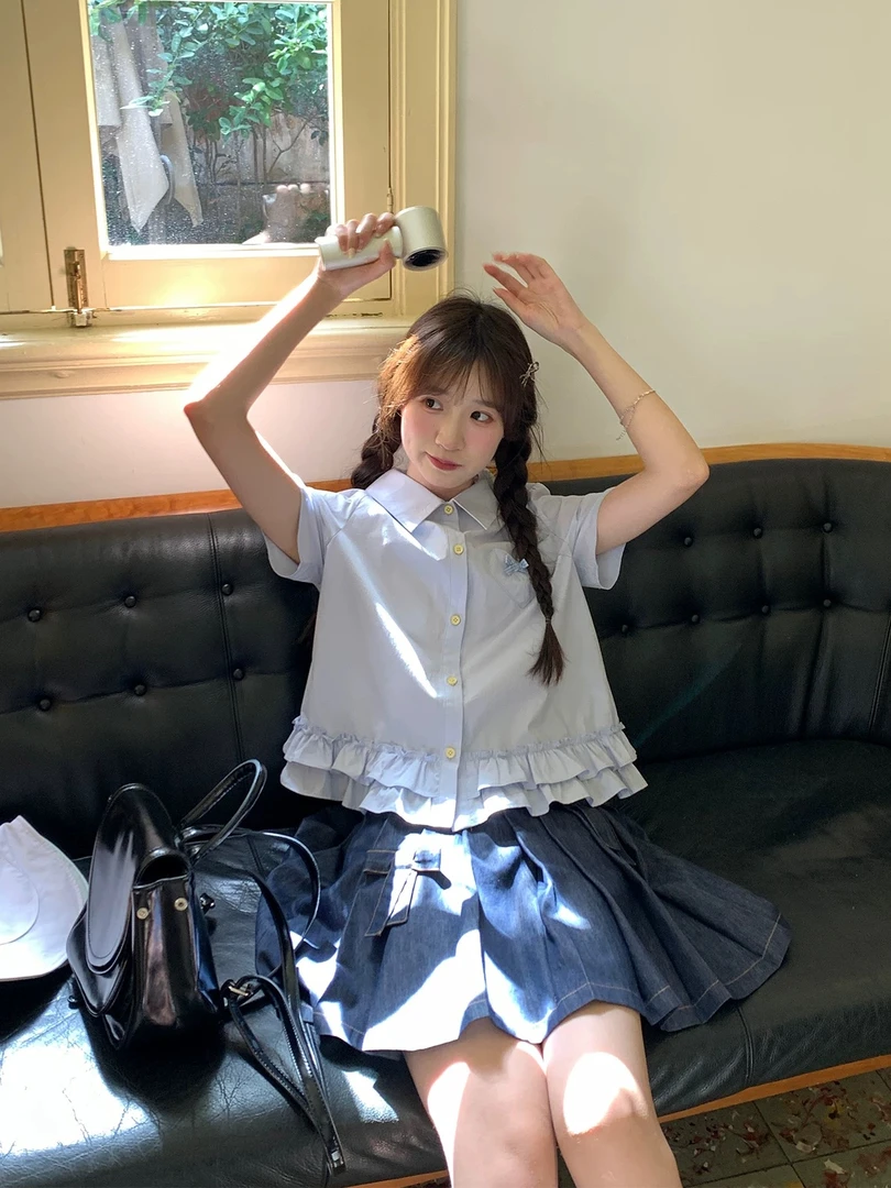 法式双层荷叶边蝴蝶蓝色短袖衬衫女夏季甜美清新设计感上衣女