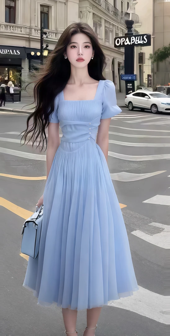 轻奢高端大气温柔风蓝色方领短袖修身收腰连衣裙女时尚氛围感长裙