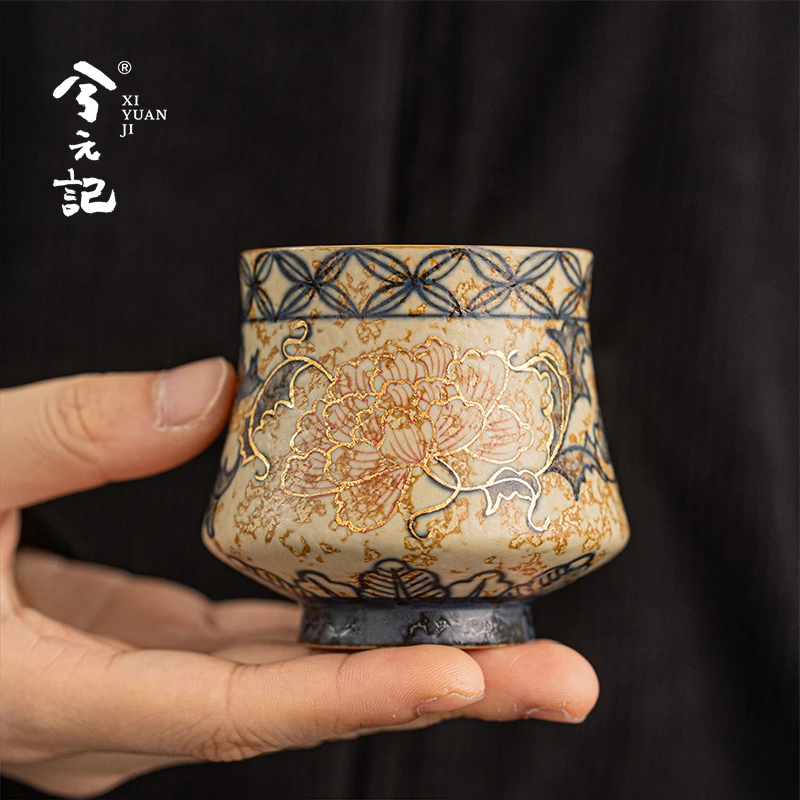 手绘牡丹青花火石釉里红束口杯主人杯高档陶瓷茶杯个人专用品茗杯