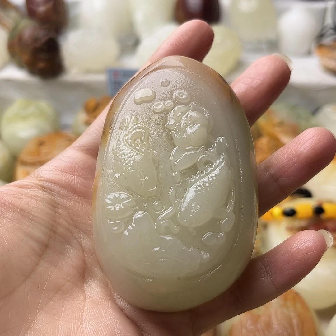 石材方解石手把摆件不退换鱼