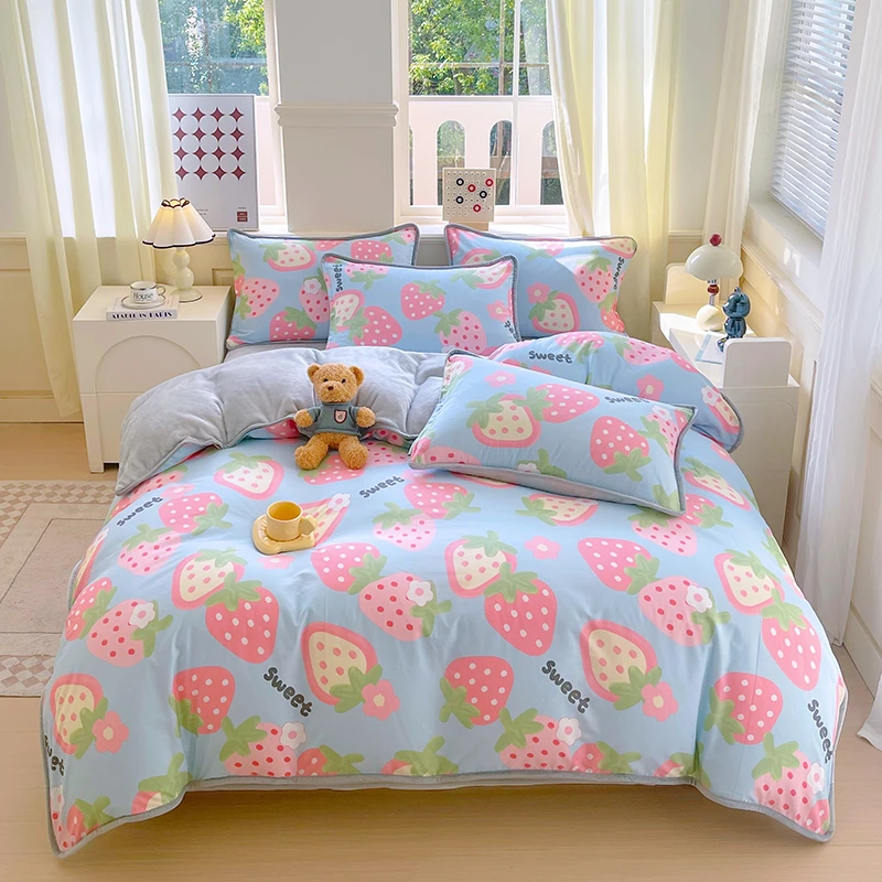 全棉+牛奶绒被套加厚保暖棉加法兰绒被套亲肤小清新学生棉被罩