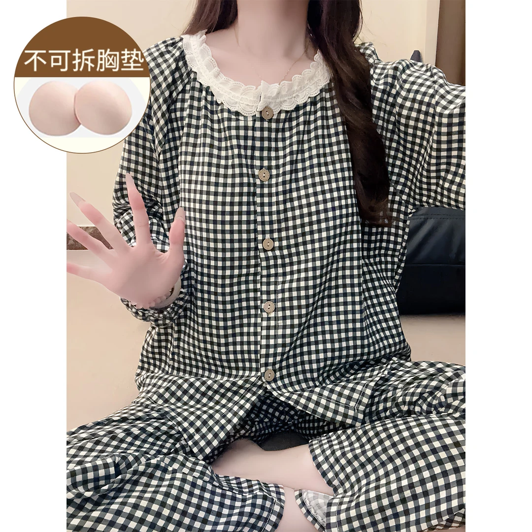韩系睡衣女长袖云朵棉带胸垫格子可外穿少女2025新款家居服套装