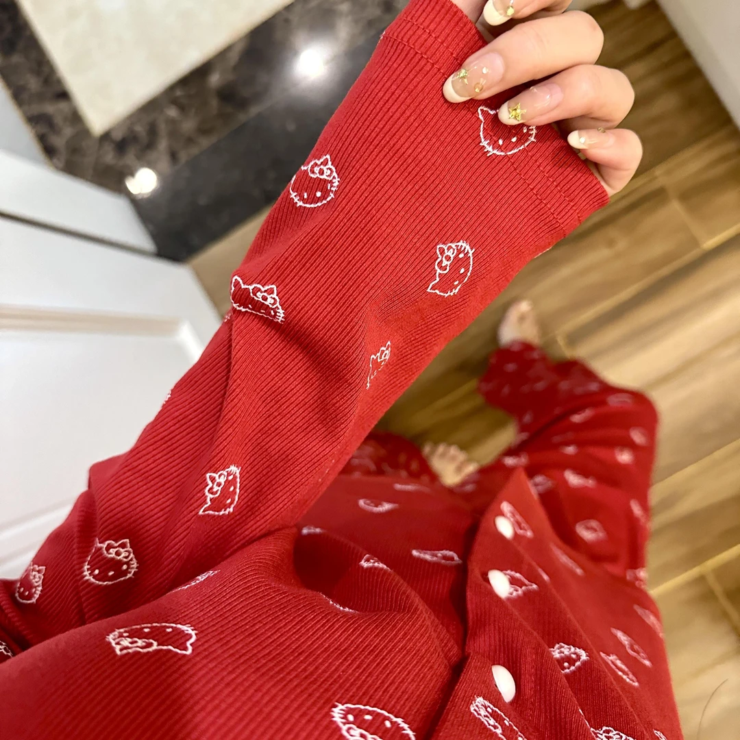 性感纯欲结婚喜庆红色带胸垫凯蒂猫睡衣女春秋新年家居服大码套装