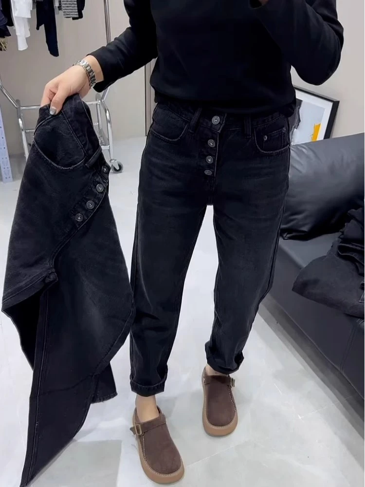 高级感单排扣高腰直筒宽松显瘦窄版牛仔裤女2025年秋季新款长裤子