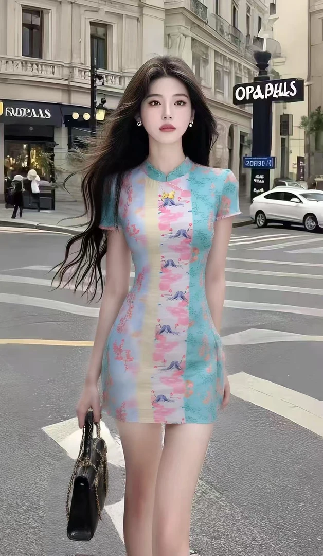 新中式国风撞色立领短袖修身收腰包臀改良旗袍连衣裙女氛围感短裙