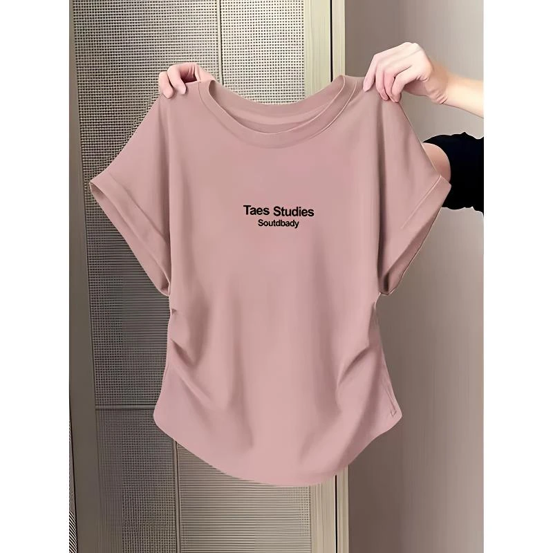 2025夏季新款修身正肩短袖t恤女设计感小飞袖褶皱收腰爆款上衣潮